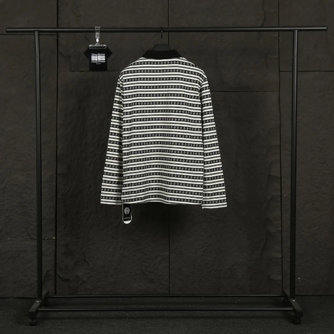 P210 Actual photo [Popular item] Code: 25020# Color: Black/Pink/Blue Size: S to - CH Croix heart niche design cross jacquard striped long sleeves brings striped Polo to Next Levels. Loose fit. Same style for men and women. Lazy and casual. Street style. Three colors. Customized style.